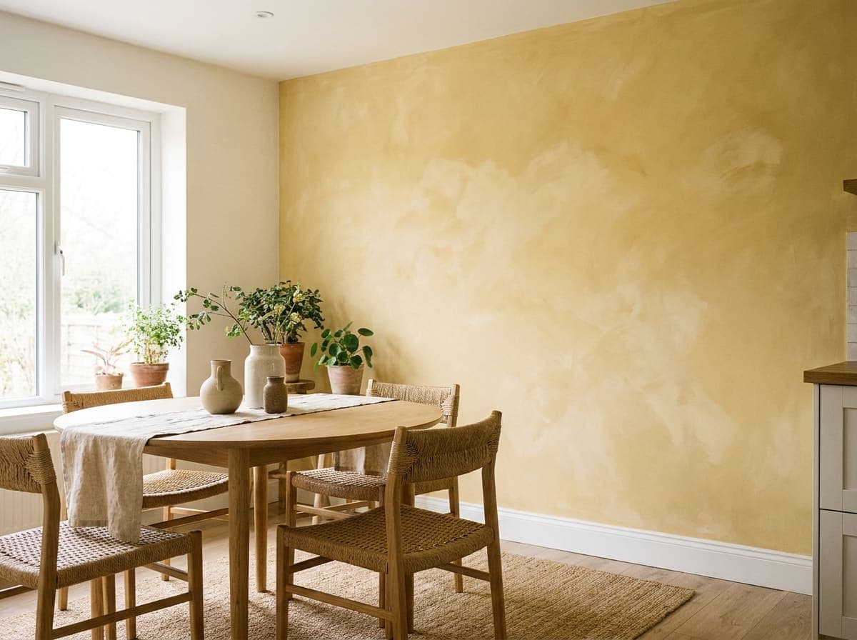 Dining room with a butter yellow lime wash accent wall