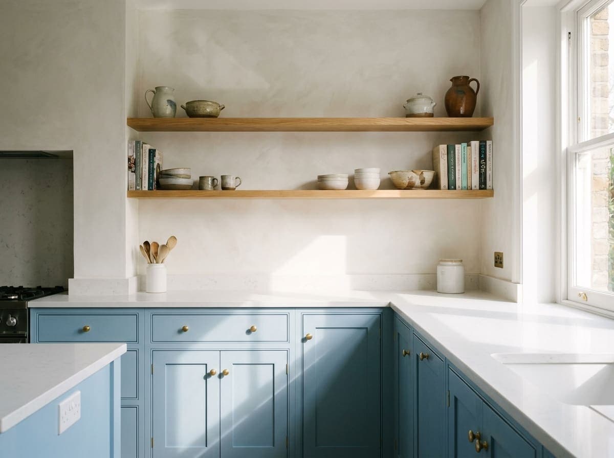 Kitchen cabinets painted powder blue below a lime-washed wall